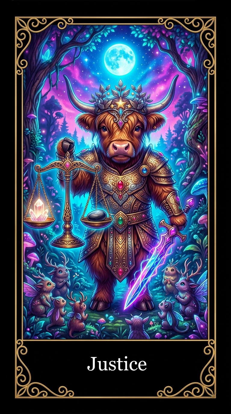 A fantasy card illustration features a bear with a decorated armor, holding a sword and scales, standing in a magical forest under a full moon. The scene includes glowing mushrooms, small rodent-inspired creatures, and a vibrant, starry night sky. The card is labeled 'Justice' at the bottom.