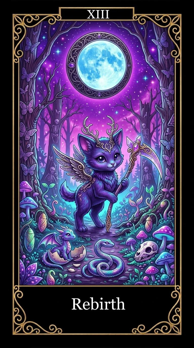 Fantasy card featuring a purple, winged cat with antlers and wings, holding a staff in a mystical forest under a full moon, labeled "Rebirth."