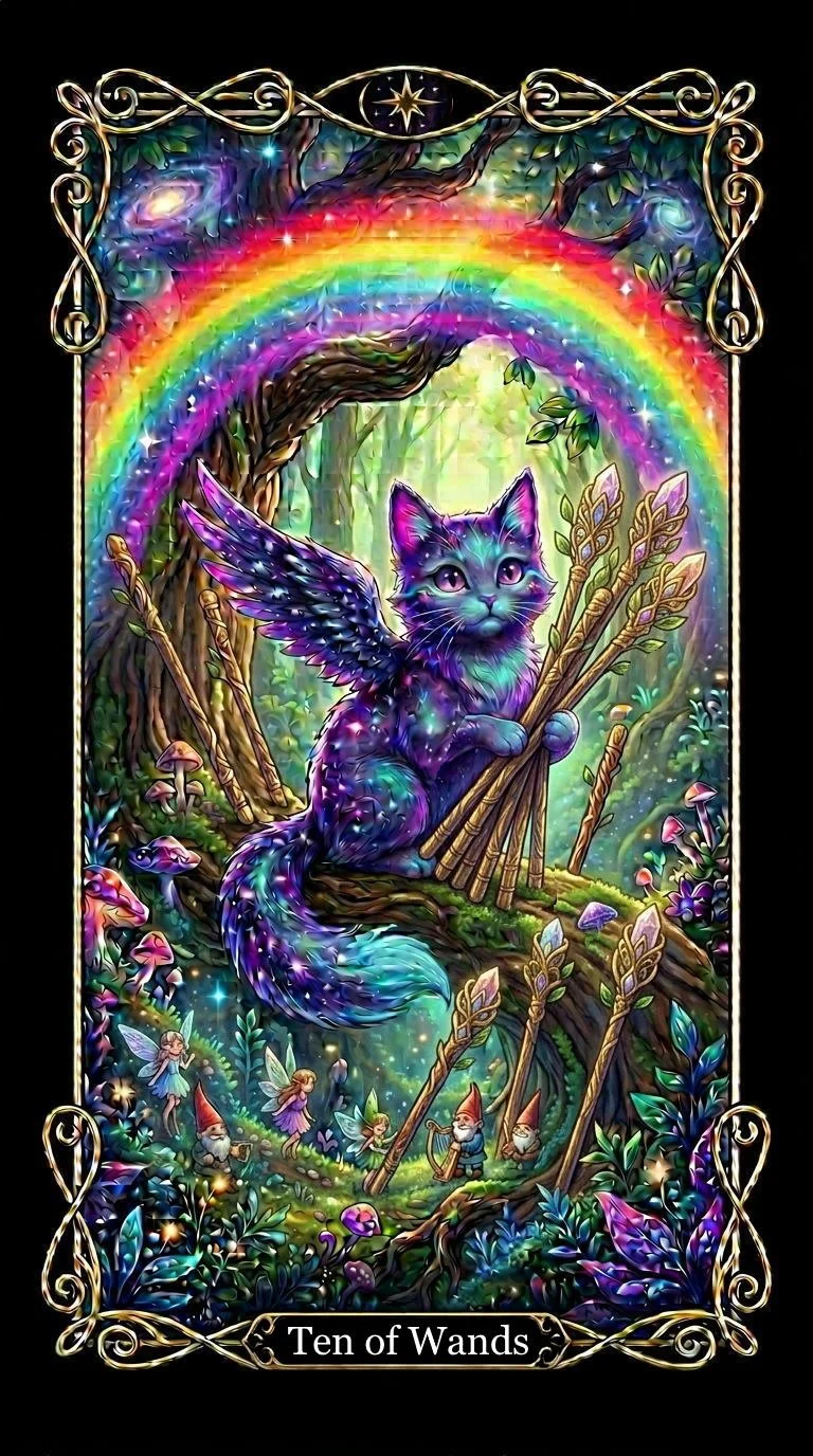 A magical illustration featuring a winged, purple and blue cat holding ten wands in a lush, enchanted forest with rainbow, stars, fairies, gnomes, and colorful mushrooms, framed with ornate gold decorations and a star at the top.