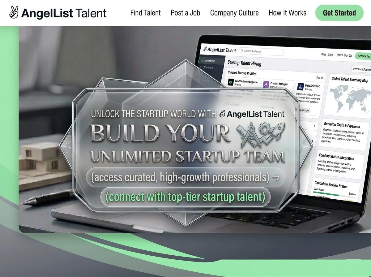 A promotional webpage for AngelList Talent showing a laptop with startup hiring profiles on the screen, accompanied by a transparent overlay with text about building startup teams and connecting with top-tier talent.