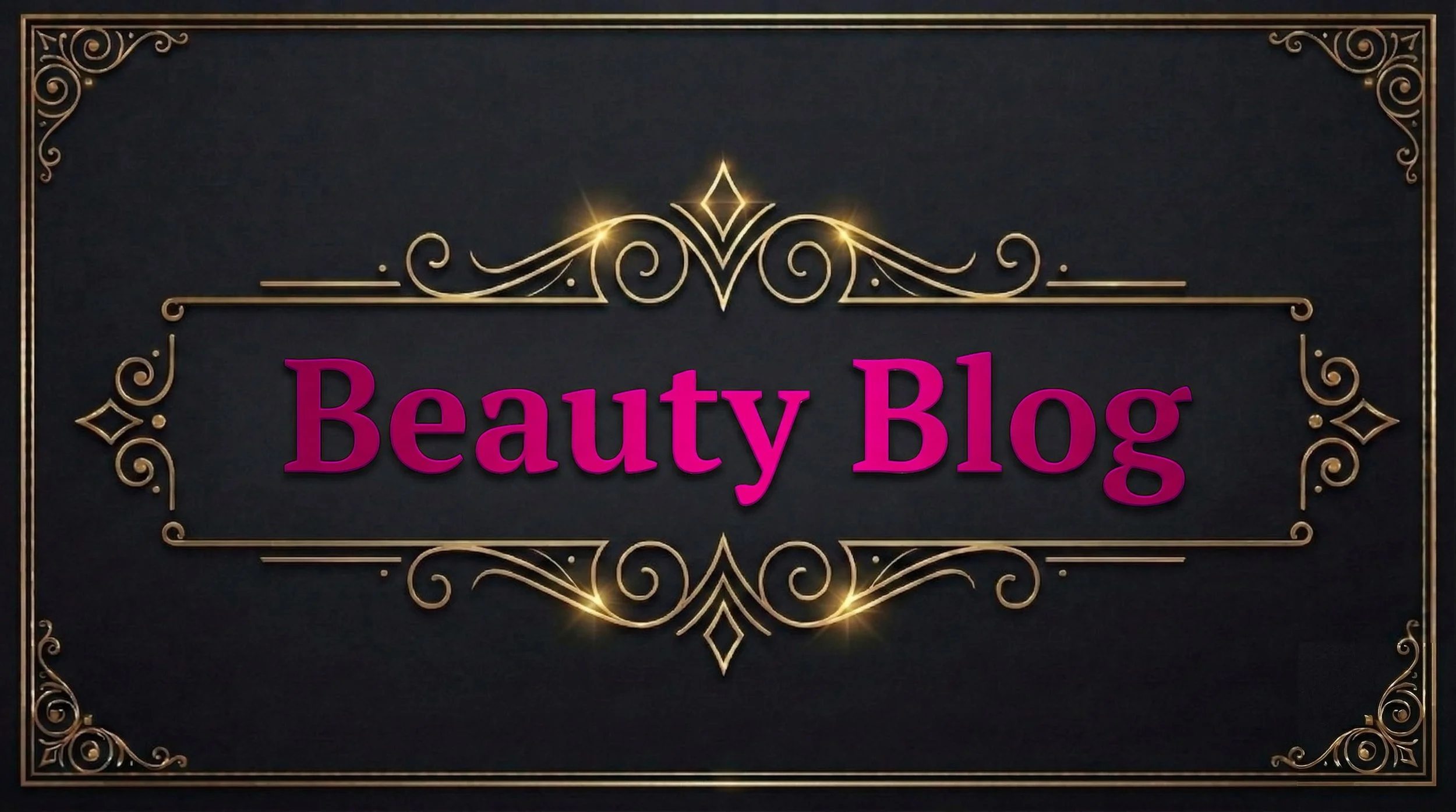 Elegant black background with gold ornate border design, displaying the text 'Beauty Blog' in bright pink, surrounded by golden decorative embellishments.