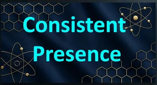 Text that reads 'Consistent Presence' on a dark background with scientific and hexagonal patterns.