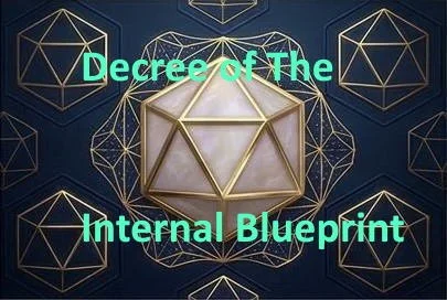 Text reading 'Decree of The Internal Blueprint' over a geometric design of interconnected gold and white polygons on a black background.