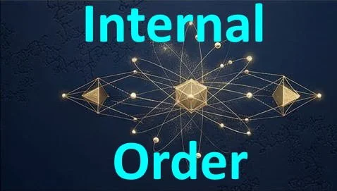 Graphic with the words 'Internal Order' in bright cyan font over a dark background, featuring interconnected geometric shapes and lines representing a network or system.