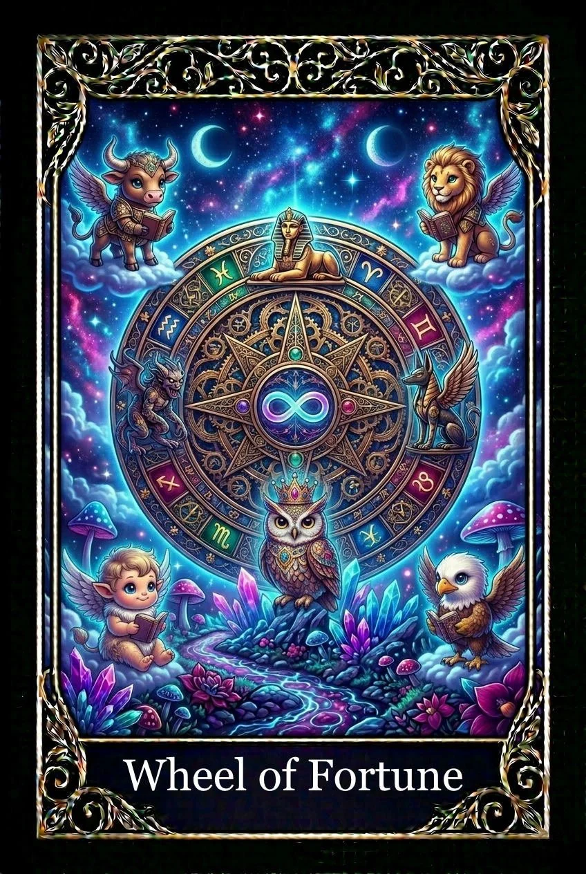 Colorful mystical artwork featuring a central cosmic wheel with zodiac signs, surrounded by whimsical mythical creatures: a winged cow and lion reading books, an owl with a crown, a dragon, a winged eagle, a fairy-like young creature, and a winged eagle. Night sky with moons and stars in the background, vibrant plants and mushrooms at the bottom.