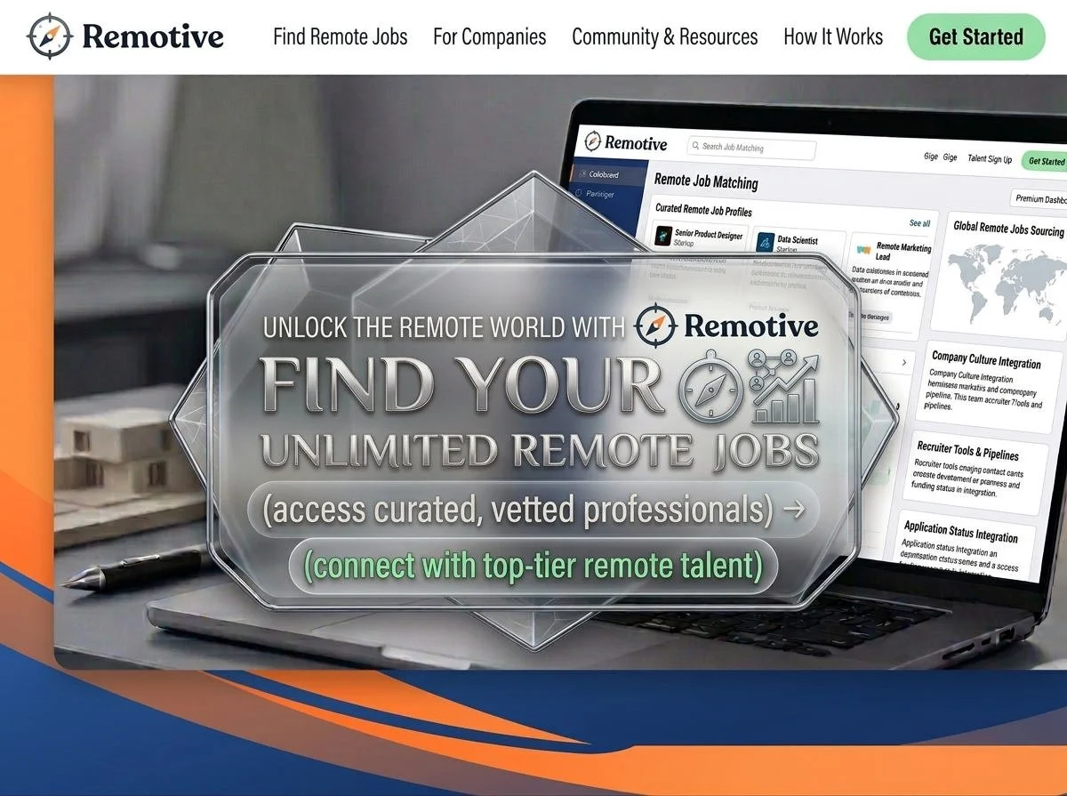 Computer screen displaying a website called Remotive, which offers remote job matching for curated, vetted professionals, with a prominent message about connecting with top-tier remote talent.