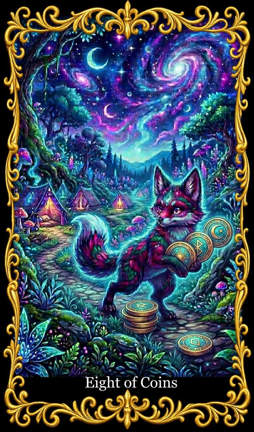 A colorful, fantasy-style illustration of a fox holding enchanted coins in a mystical forest, with glowing plants, mushrooms, tents, mountains, and a swirling galaxy with moons in the night sky, framed by ornate gold borders.