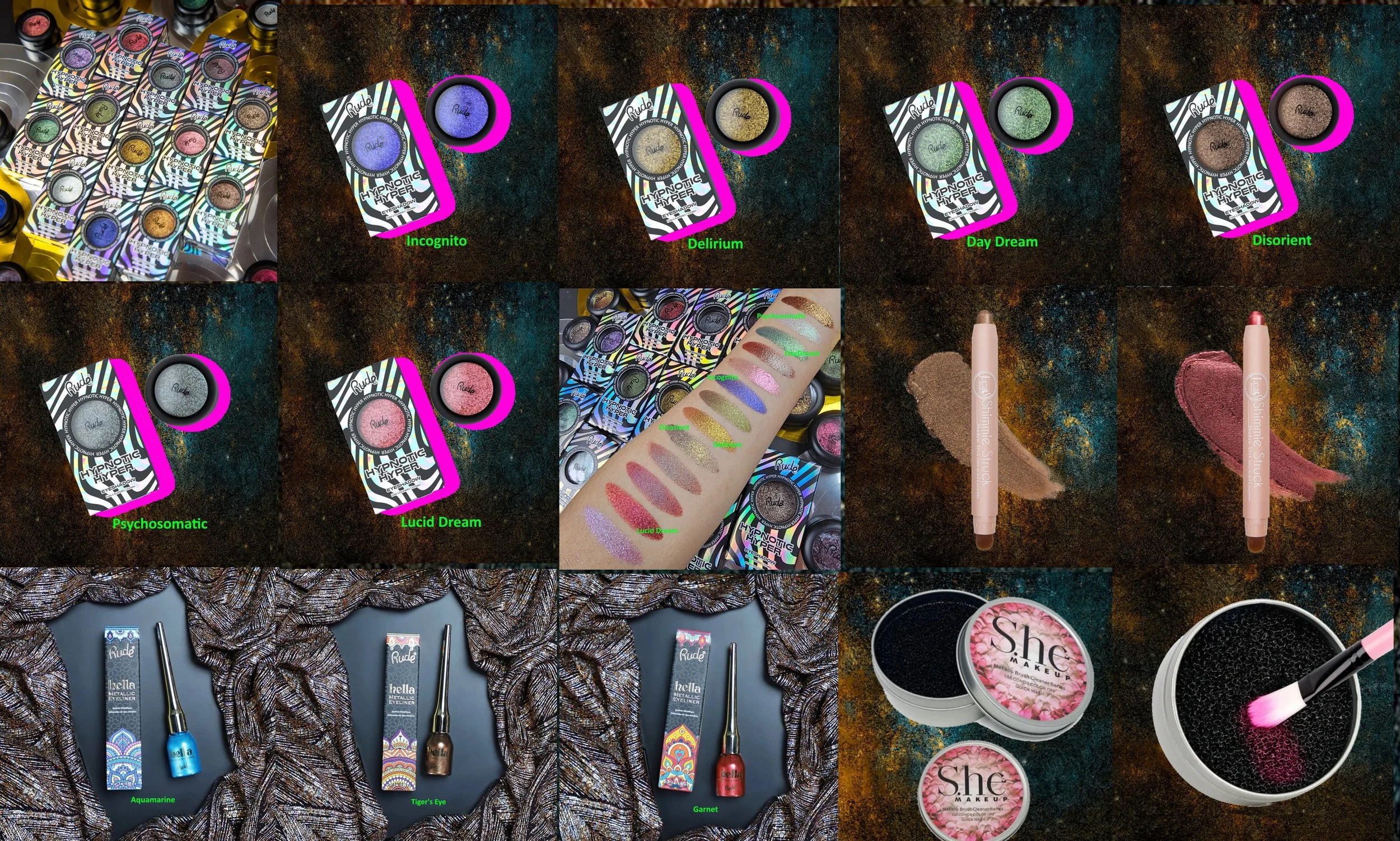 42 Pcs- Rude Hypnotic Hyper Eyeshadow, Eyeliners & Makeup Brush Cleaner