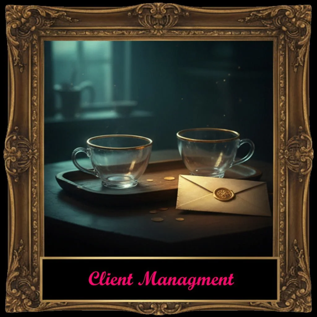 Two clear glass teacups with gold rims on a wooden tray, resting on a dark wooden surface with scattered gold coins, in a dimly lit room with a framed border and a black label at the bottom reading 'Client Management' in pink cursive font.