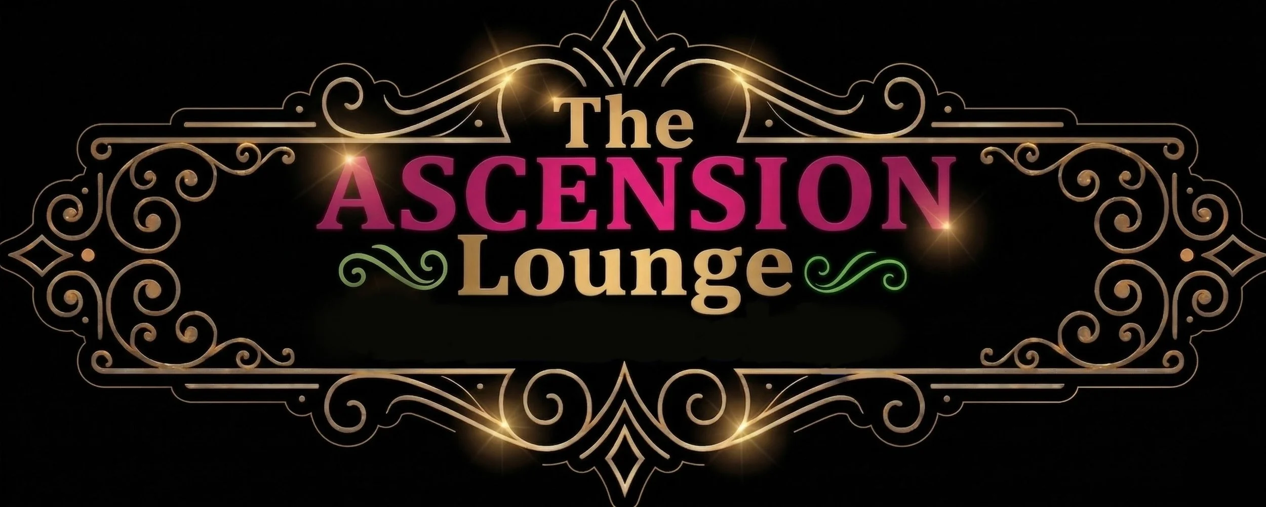 Decorative logo for The Ascension Lounge with ornate gold swirls and colorful text on a black background.