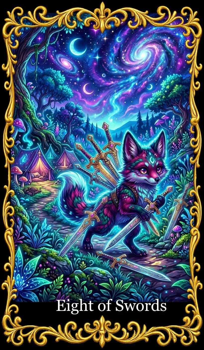 Fantasy-style illustration of a fox with multiple swords around its back, standing on a forest path surrounded by glowing plants and trees, with a starry night sky featuring moons and a galaxy in the background, framed in ornate gold.