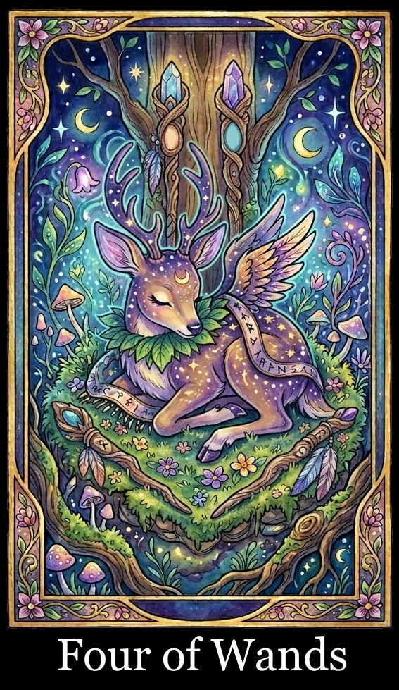 A mystical illustration of a deer with starry patterns on its body, angelic wings, surrounded by trees, mushrooms, flowers, and celestial elements like moons and stars, framed with floral designs. Text indicates it is the "Four of Wands" tarot card.