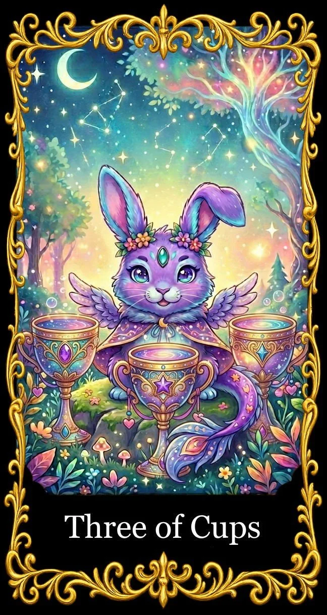 A colorful, fantasy-style illustration of a purple, winged bunny with floral crown, sitting behind three ornate cups with mystical designs, in a luminous, enchanted forest under a starry sky with a crescent moon, surrounded by glowing plants and flowers.
