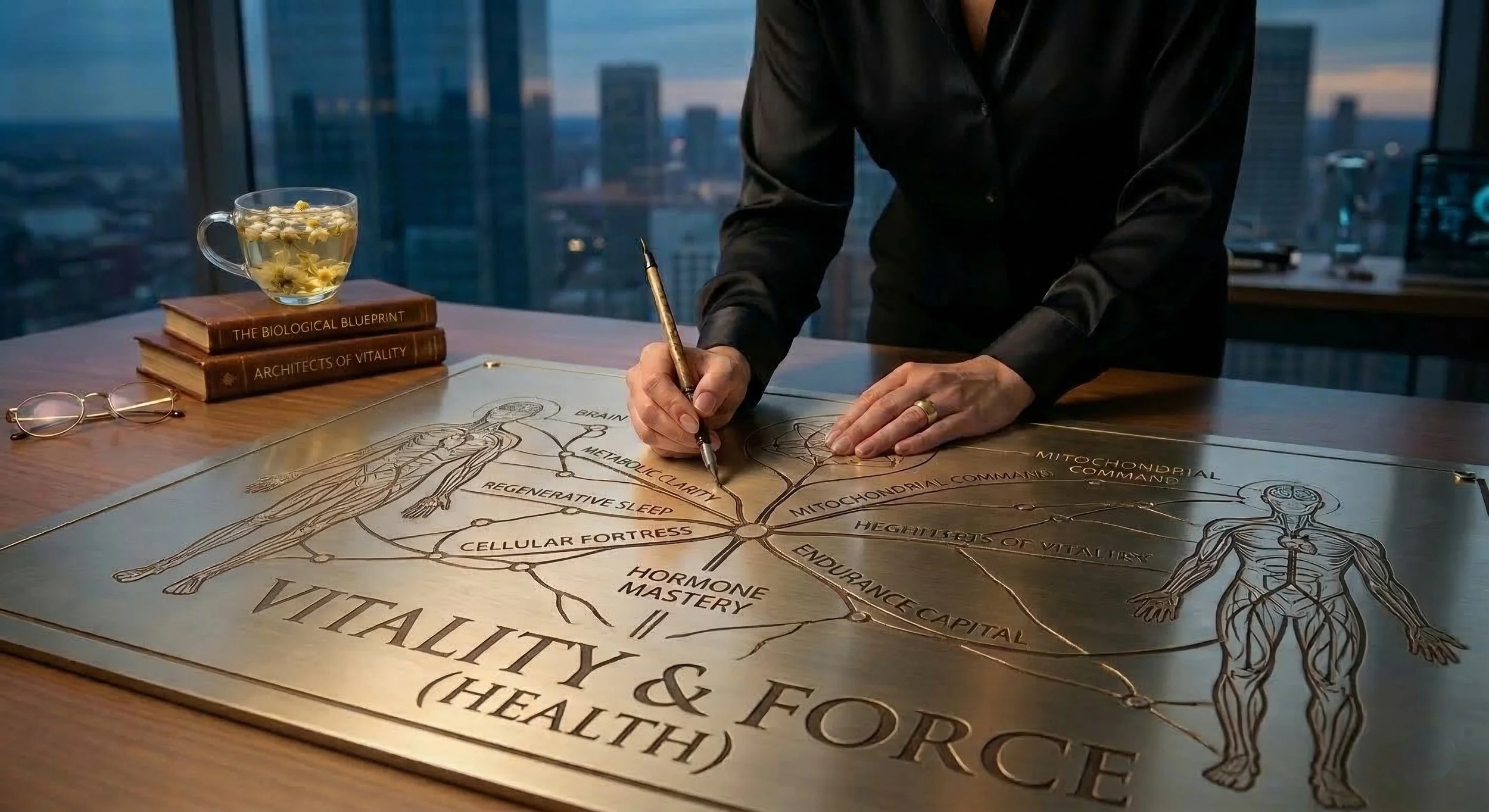 Person in black shirt drawing a diagram titled 'Vitality & Force (Health)' on a large metallic board, with books and a tea cup on the table beside.