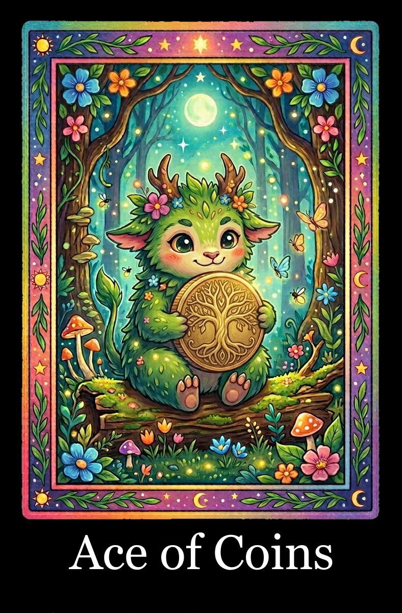 Illustration of a cute, green, deer-like creature with antlers sitting on a log in a mystical forest at night. The creature holds a coin with a tree design, surrounded by colorful flowers, butterflies, and glowing sparkles under a bright moon and starry sky, framed by a colorful border with stars, moons, and plants.