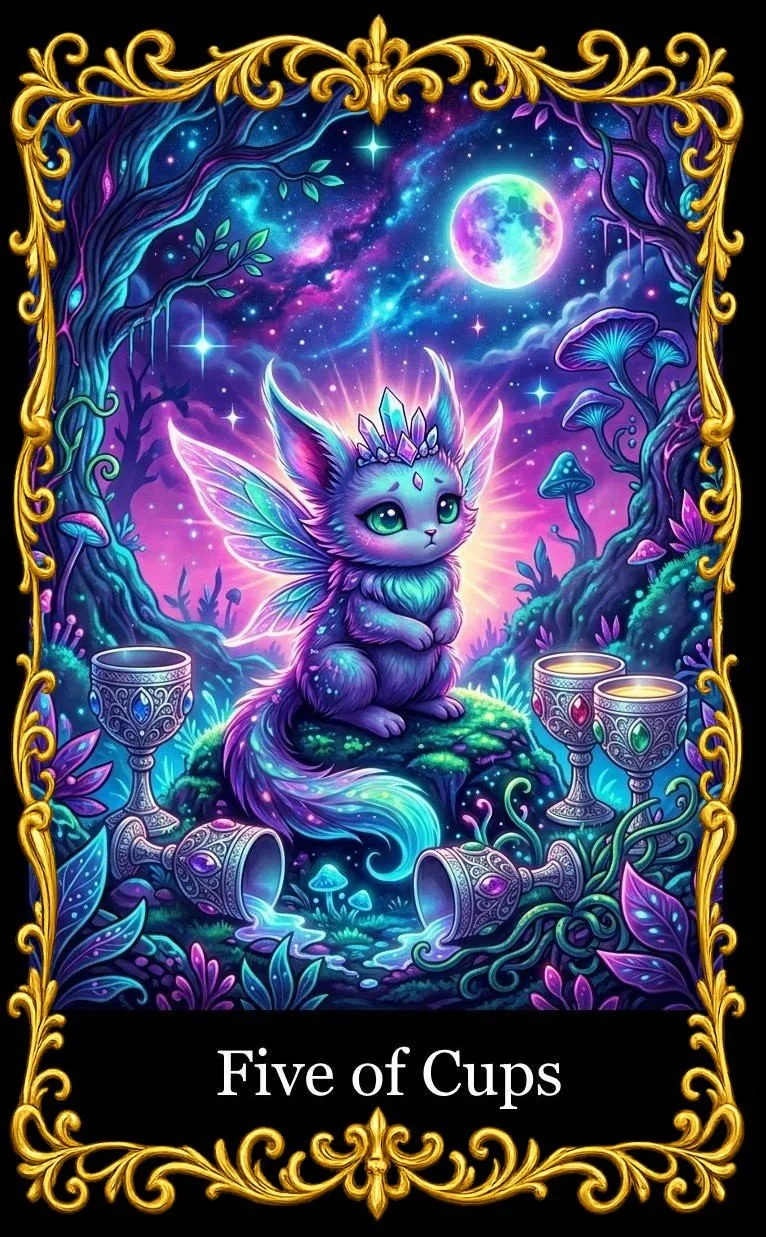 A fantasy-themed tarot card titled 'Five of Cups' featuring a purple, fairy-like creature with butterfly wings, a gemstone crown, and large expressive eyes, sitting amidst a mystical forest with glowing mushrooms, ornate cups, and a glowing full moon in the starry night sky.