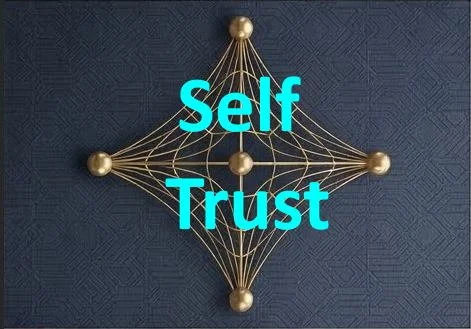 Decorative art piece with gold spheres connected by gold rods forming a geometric pattern, with the words 'Self Trust' in blue text overlaid.
