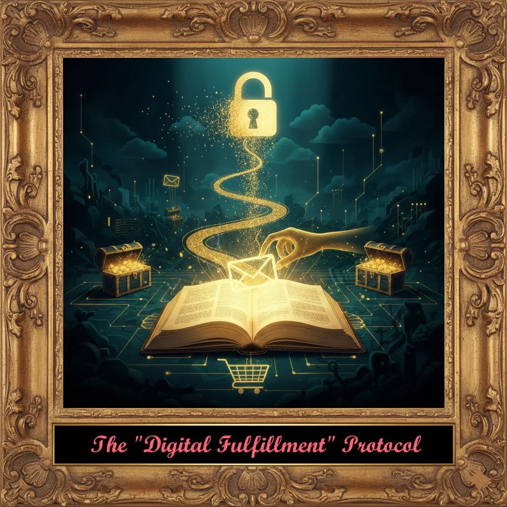 A digital illustration showing an open book with a hand reaching out to touch it. Gold sparkles and digital elements like envelopes and treasure chests surround the scene, symbolizing digital fulfillment. A luminous padlock appears above the book, indicating cybersecurity. The scene is framed in an ornate gold border, with a caption reading "The 'Digital Fulfillment' Protocol" at the bottom.