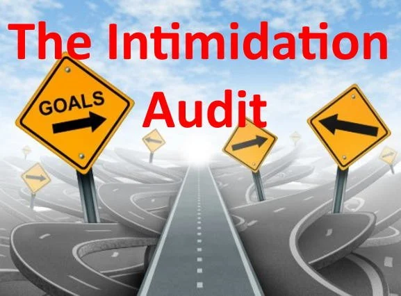Illustration of multiple road signs on a confusing, winding road with the text 'The Intimidation Audit' in red at the top.