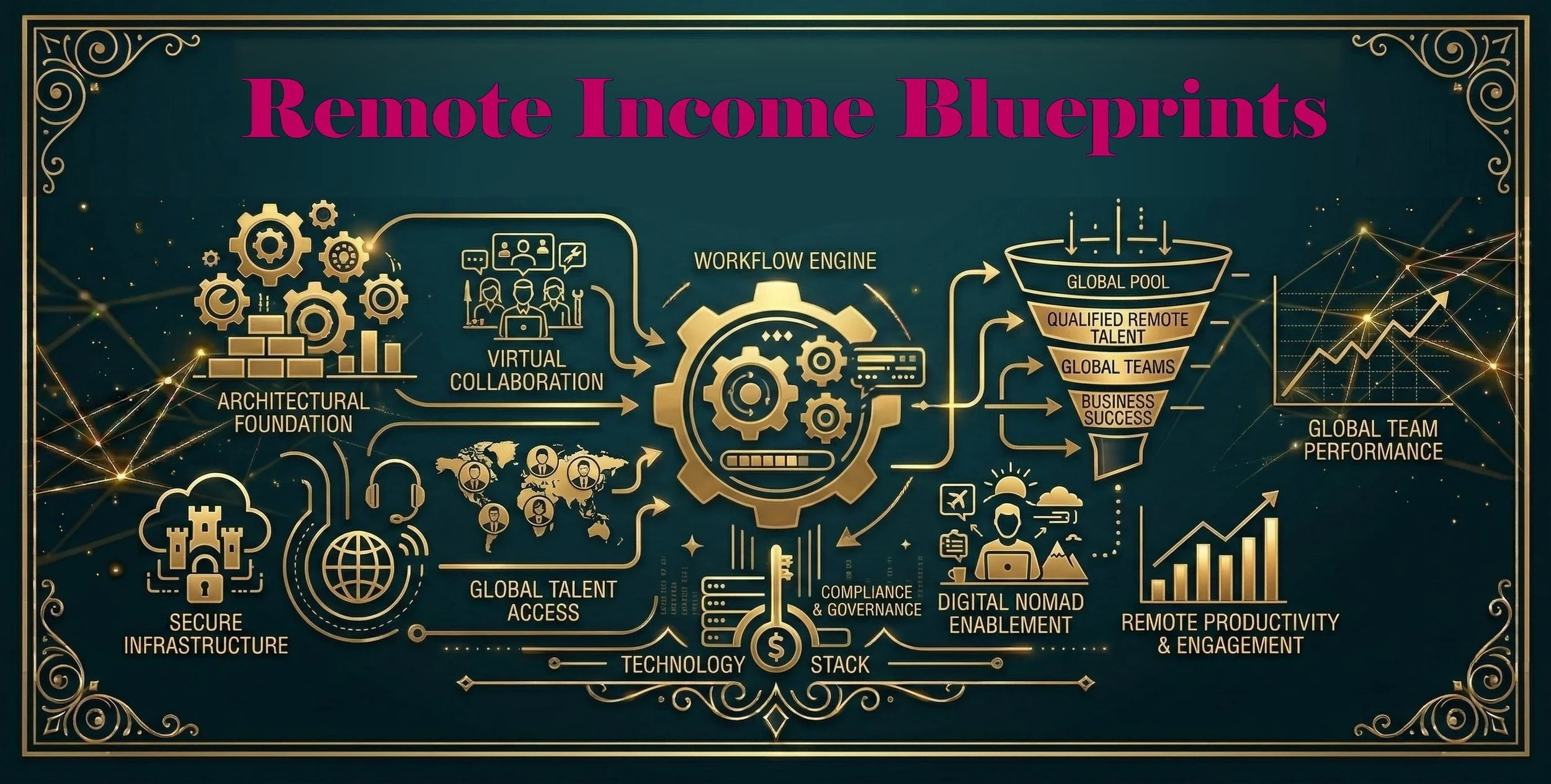 An infographic titled 'Remote Income Blueprints' illustrating the process of building remote income streams using a workflow engine, virtual collaboration, global talent access, and technology stack. It highlights key elements like secure infrastructure, compliance, governance, digital nomad enablement, and global performance metrics.