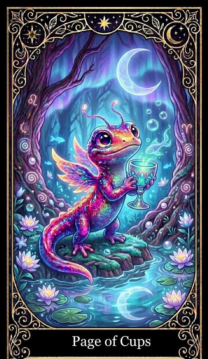 Colorful, fantasy-style illustration of a goblin-like creature with wings, standing on a mossy rock in a mystical pond. The creature holds a glowing cup, surrounded by lilies and bubbles, with a moon and stars in a night sky visible through a forest of twisted trees.