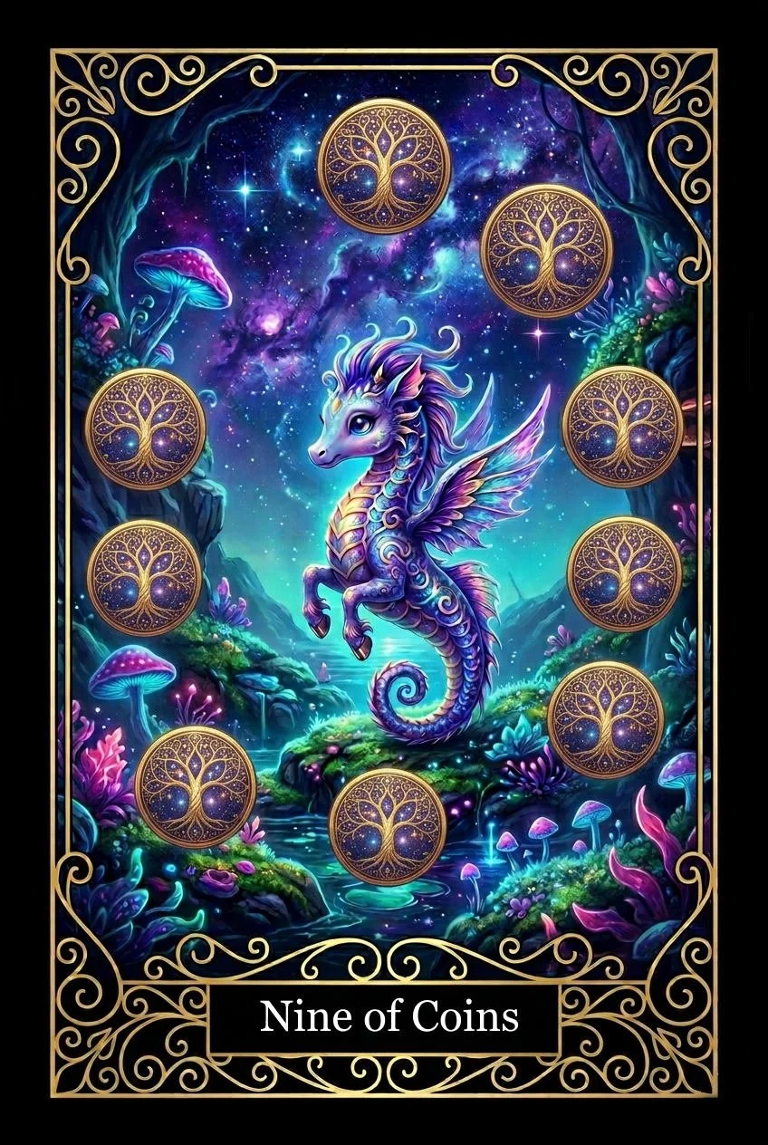 A fantasy card titled 'Nine of Coins' featuring a colorful, winged seahorse with a unicorn-like horn floating in a magical, glowing forest with mushrooms and plants, surrounded by nine gold coins with intricate tree designs.