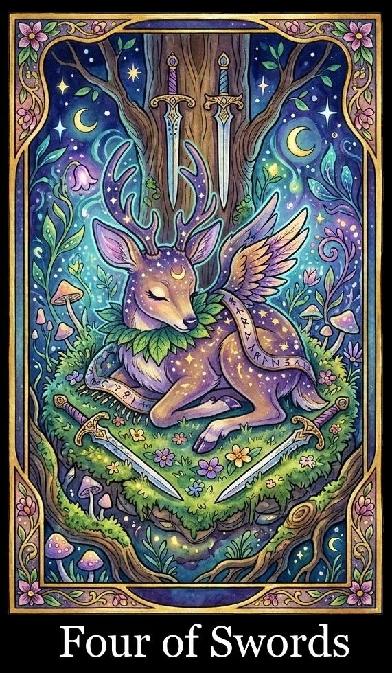 Colorful illustration of a sleeping deer with wings, set in a whimsical forest under a starry night sky. The scene includes two swords crossed behind the deer, surrounded by flowers, mushrooms, and foliage, with runes on the deer and a golden frame around the image.