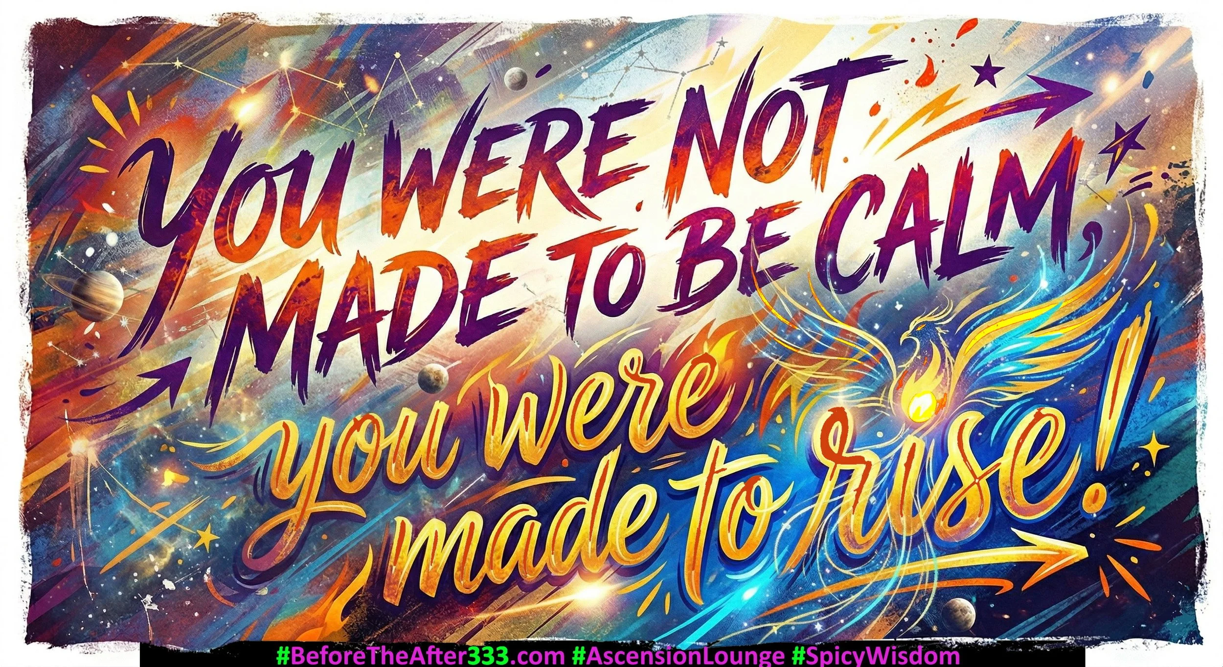 A colorful, cosmic-themed mural with a phoenix and stars, featuring the motivational quote: 'You were not made to be calm. You were made to RISE!'