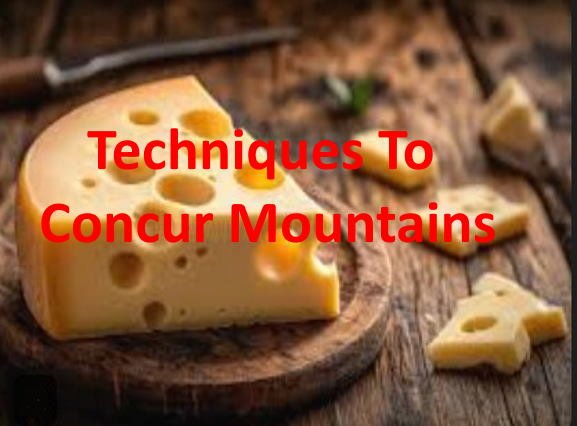 A wedge of Swiss cheese with holes on a wooden cutting board, with slices and chunks around it, and the text 'Techniques To Concur Mountains' written in red.