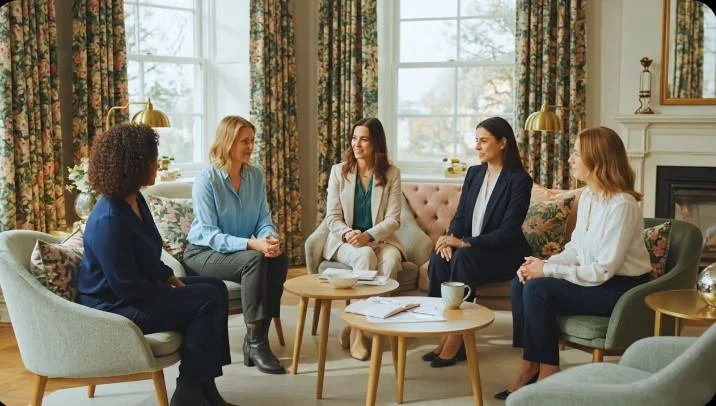 Five women seated in a living room having a discussion, with large windows and floral curtains in the background.