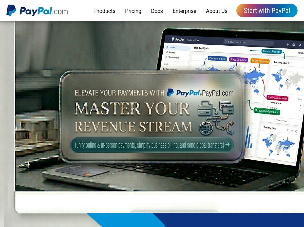 PayPal advertisement showing a laptop with financial charts on the screen and a sign that reads "Elevate your payments with PayPal to master your revenue stream". The sign also mentions unifying online and in-person payments, simplifying business billing, and sending global transfers.