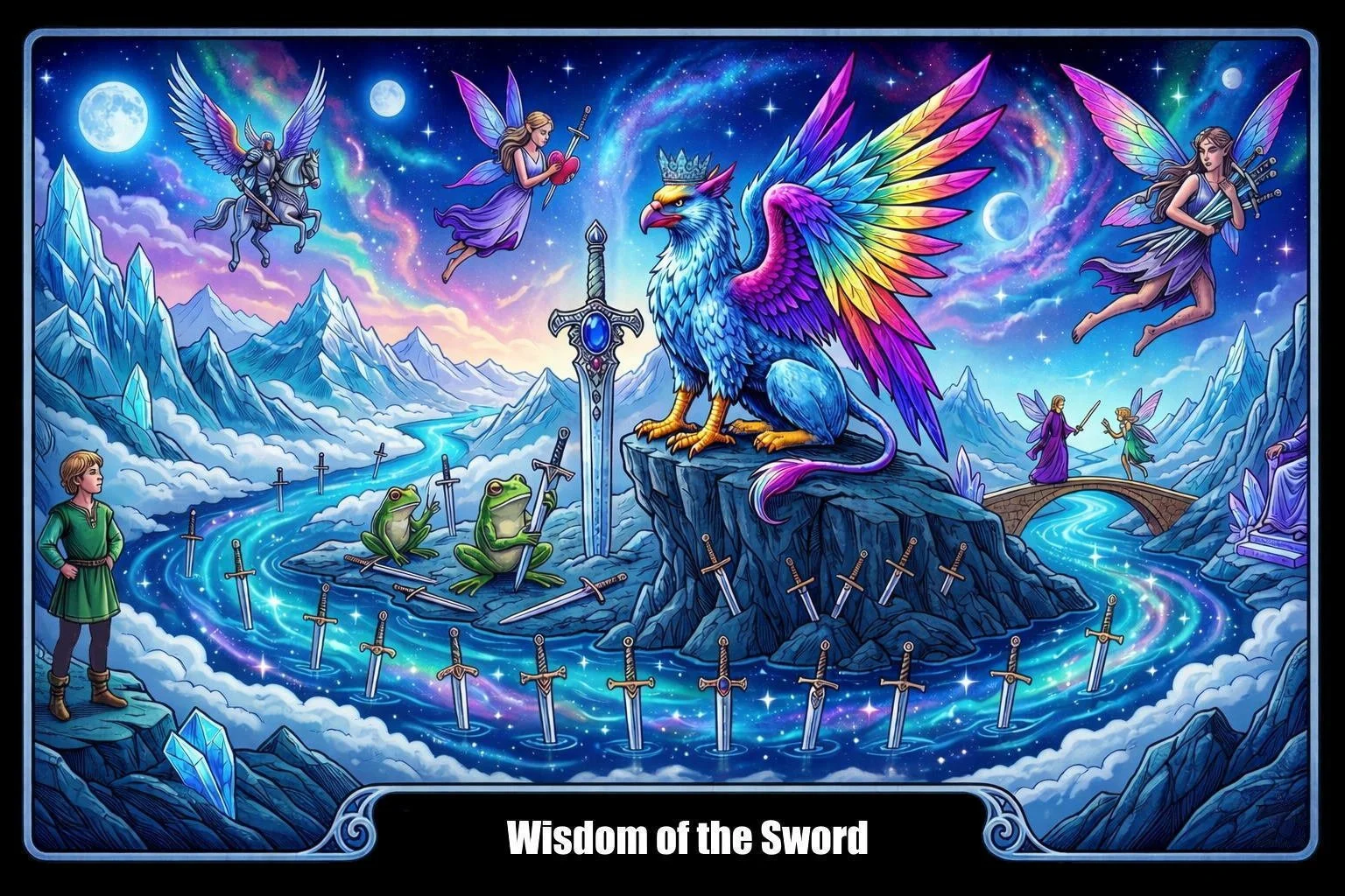 A fantasy scene titled "Wisdom of the Sword" depicts a colorful, mystical landscape featuring a large, rainbow-winged griffin with a crown, surrounded by fairies, knights, and frogs wielding swords amidst mountains, a river, and starry sky.