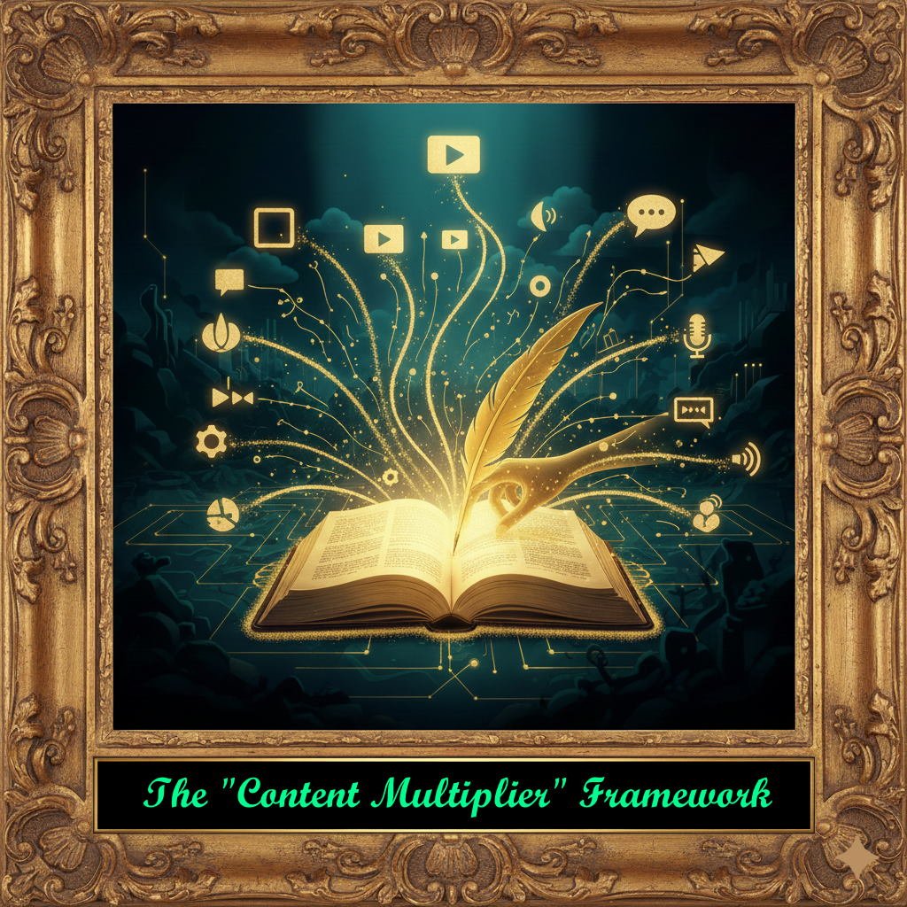An open book with a feather quill creating a burst of glowing icons representing various digital and communication elements, surrounded by an ornate gold frame. Text at the bottom reads "The 'Content Multiplier' Framework."