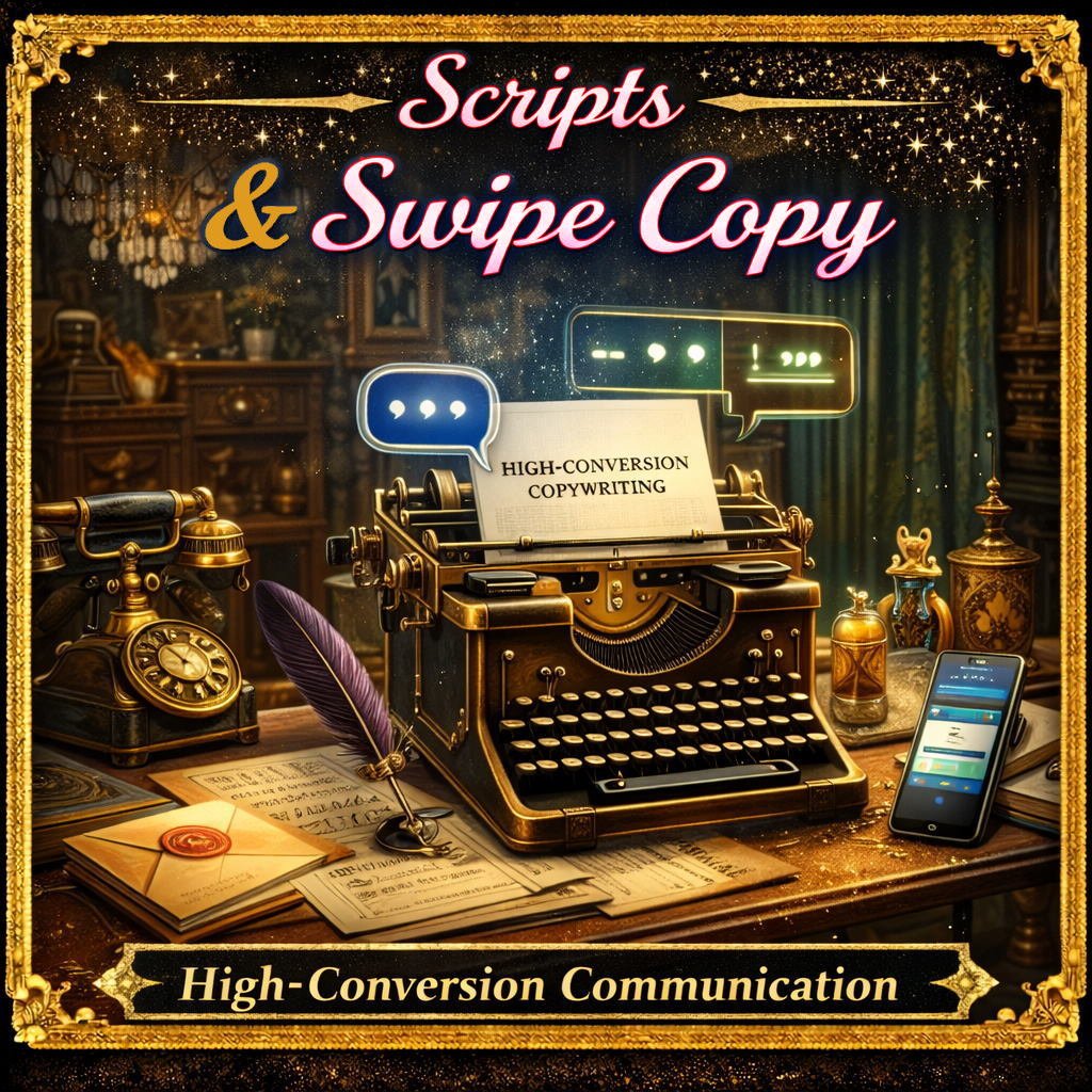 Vintage typewriter on a wooden desk with a paper labeled 'High-Conversion Copywriting,' surrounded by old documents, a purple feather quill, a rotary phone, a smartphone, and decorative bottles. The background features a luxurious, antique-style room with chandeliers and framed pictures. Bright, digital speech bubbles and sparkles add a modern touch. The text says 'Scripts & Swipe Copy' and 'High-Converstion Communication' in gold and pink lettering.