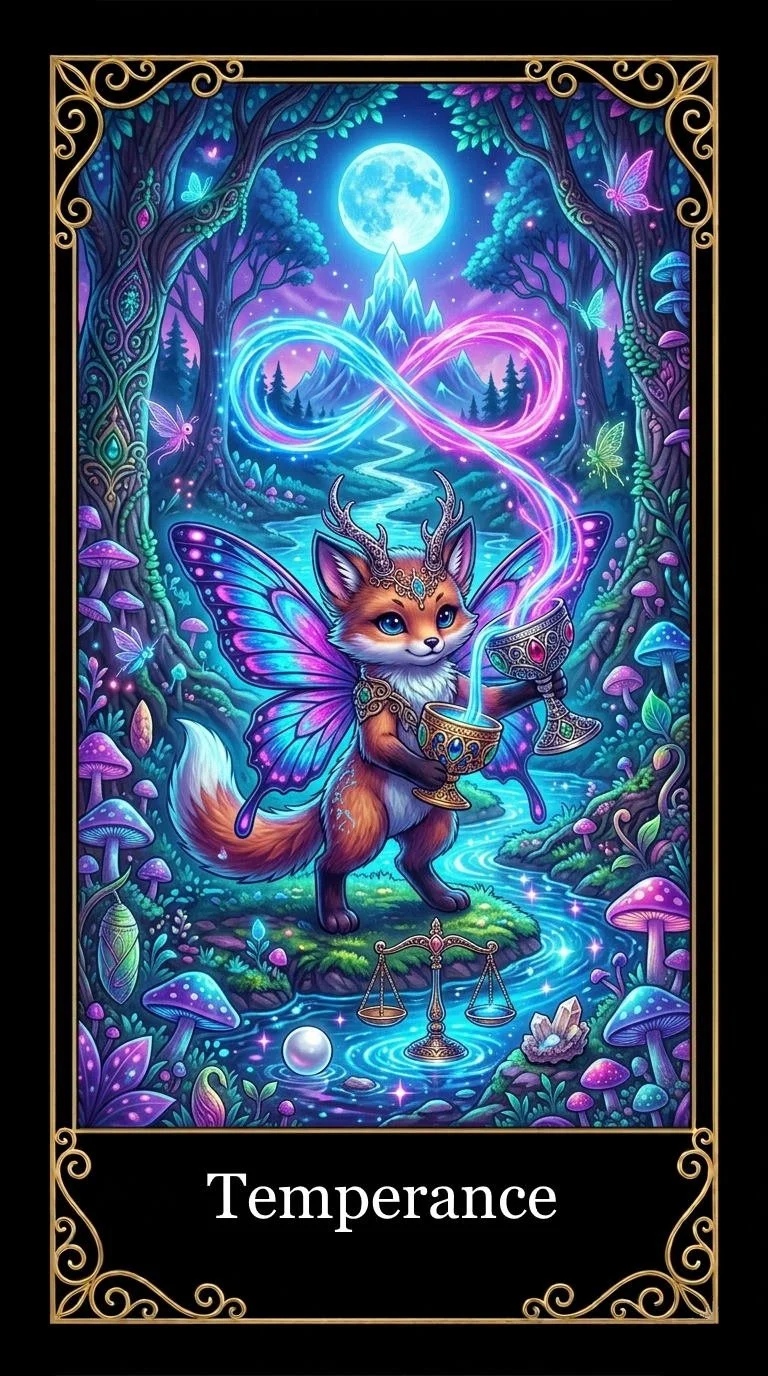 A colorful fantasy-style illustration of a fox with fairy wings, holding a goblet with swirling magical energy, standing in a glowing forest stream under a full moon, with a mountain in the background. The word "Temperance" is at the bottom.