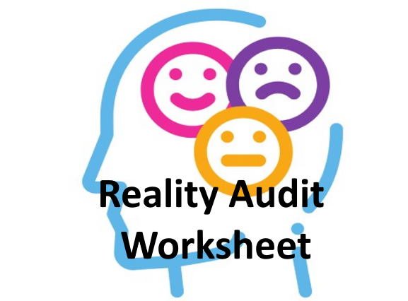 Outline of a human head with three smiley face icons inside, representing different emotions, overlaid with the text 'Reality Audit Worksheet'.