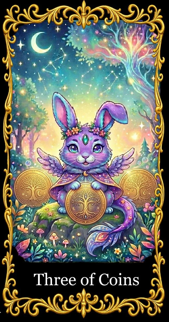 A fantasy card illustration featuring a cute, purple rabbit with winged features, sitting on a tree stump surrounded by mystical coins and glowing flowers under a starry sky with a crescent moon and constellations, framed with ornate gold decorations. The card is titled 'Three of Coins'.
