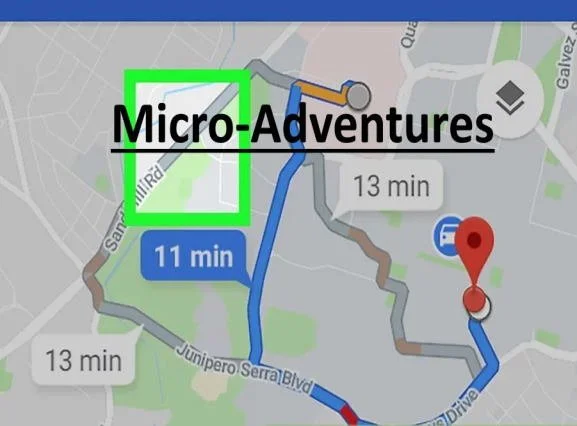 Map showing a route labeled 'Micro-Adventures' with different travel times and colored paths.