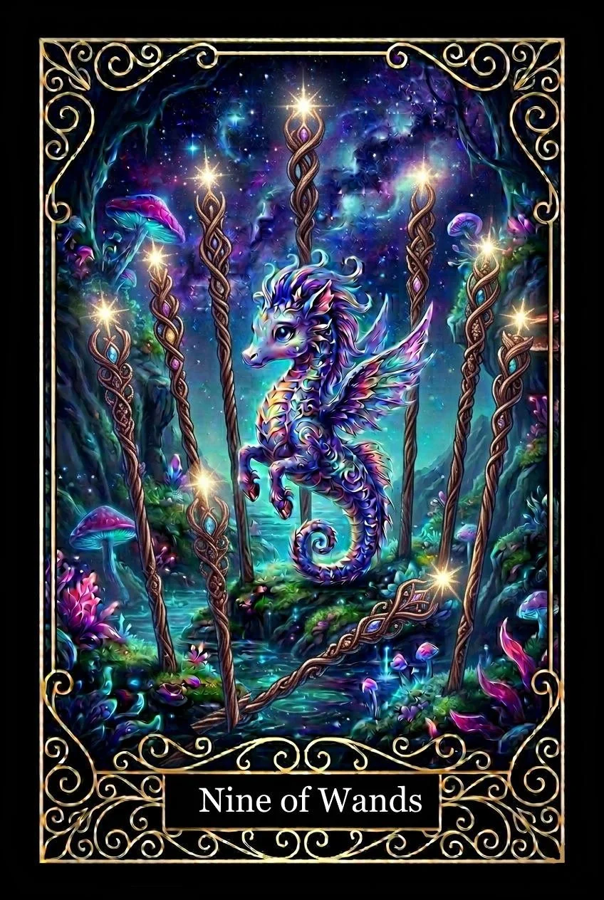 Fantasy art of a colorful seahorse with wings, encased in a magical forest with glowing mushrooms, stars, and mystical elements, labeled 'Nine of Wands'.
