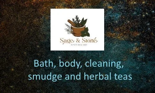 A logo for Sage & Stone Apothecary featuring a potted plant and herbs, with text indicating services like bath, body, cleaning, smudge, and herbal teas.