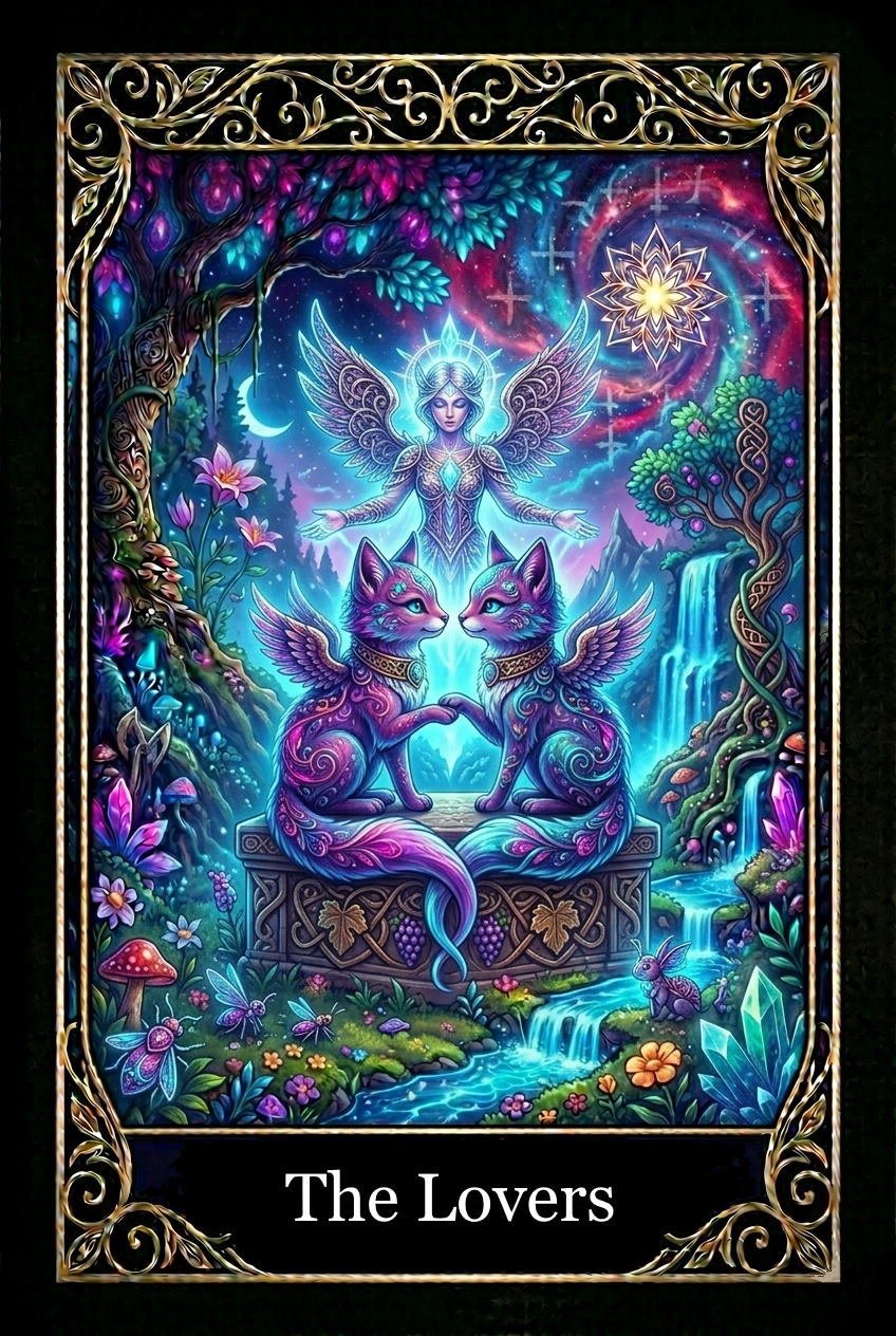 A mystical, fantasy-style tarot card titled 'The Lovers' featuring a winged woman with glowing wings, two feline creatures with wings and collars sitting on a decorated pedestal, surrounded by vibrant forest, waterfalls, crystals, mushrooms, and glowing plants in a luminous night scene.