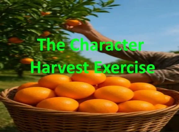 A basket of ripe oranges outdoors on a sunny day, with a person reaching to pick oranges from a tree in the background, and green text overlay reading 'The Character Harvest Exercise'.