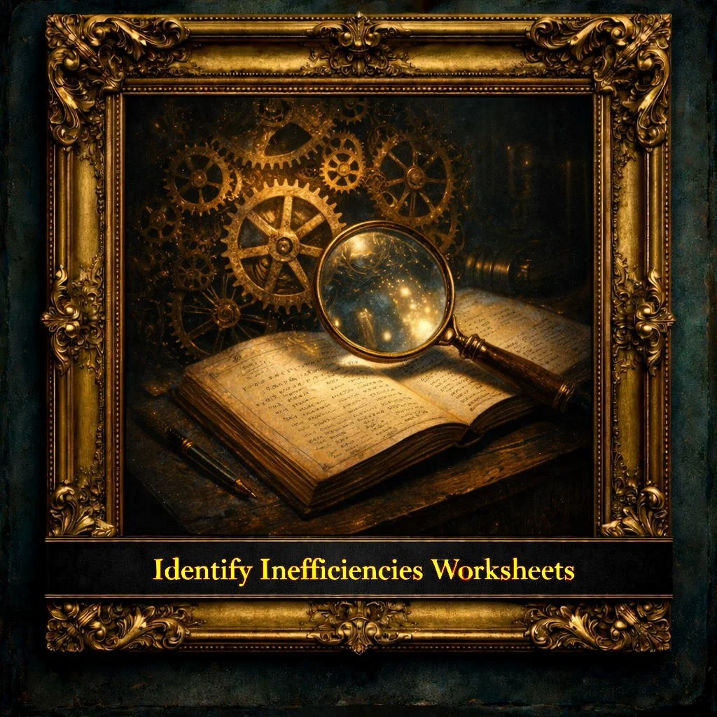 A framed image of an open old book, a magnifying glass, and many gears against a dark background, with the text "Identify Inefficencies Worksheets" at the bottom.