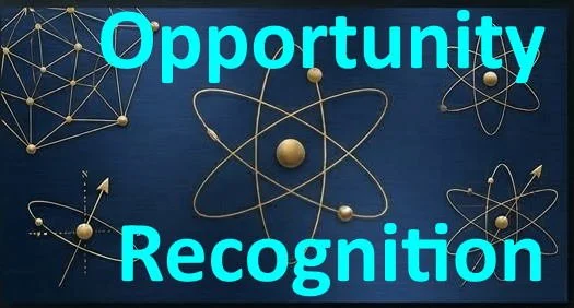 The words "Opportunity Recognition" in bright blue text on a dark blue background, with illustrations of atomic structures.