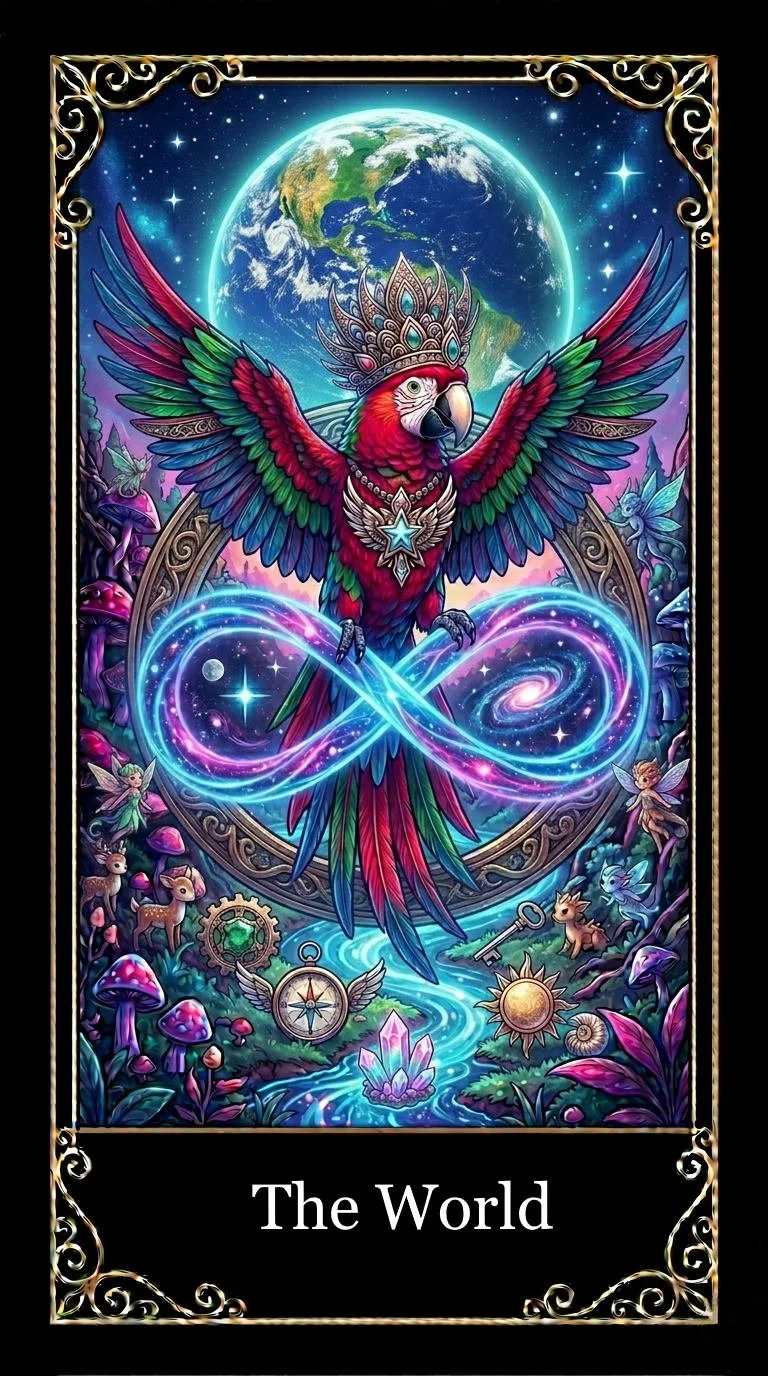 Colorful digital artwork of a mythical parrot with a crown, wings spread wide, floating in front of Earth. Surrounding it are mystical elements like glowing stars, a spiral galaxy, fairies, miniature animals, a compass, a key, crystals, and mystical symbols. The words "The World" are at the bottom.