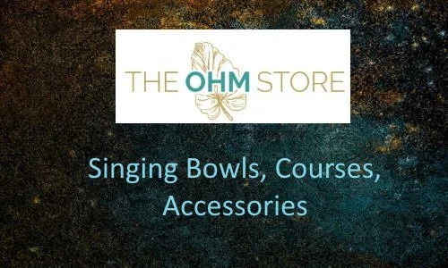 Logo of The OHM Store with a butterfly and leaf design, and text about singing bowls, courses, and accessories.
