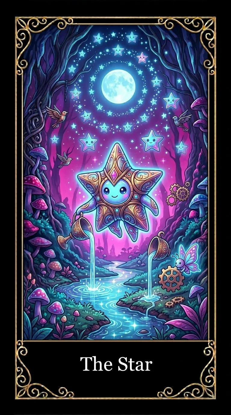 A whimsical, animated scene featuring a smiling star-shaped creature pouring water into a small stream under a glowing full moon and starry night sky, surrounded by mushrooms, birds, gears, and a fairy butterfly in a mystical forest.