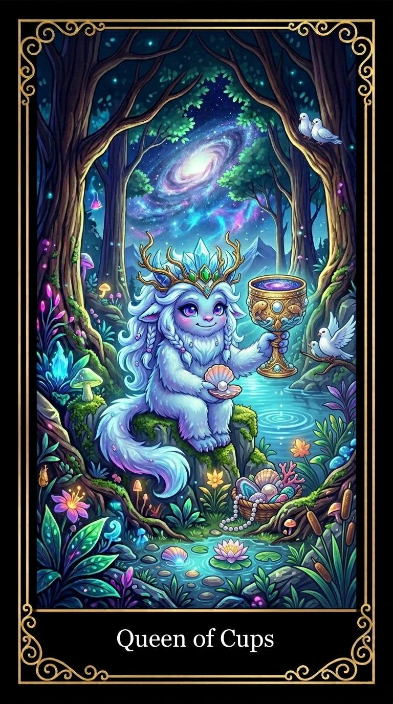 A fantasy illustration titled "Queen of Cups" features a mystical creature resembling a unicorn with antlers, sitting on a mossy rock beside a stream in a enchanted forest. The creature holds a shell and a golden cup filled with a glowing, swirling purple liquid. The forest is lush with colorful plants, mushrooms, and flowers. There are two white doves perched on tree branches, and the background shows a starry sky with a galaxy and a swirling nebula.