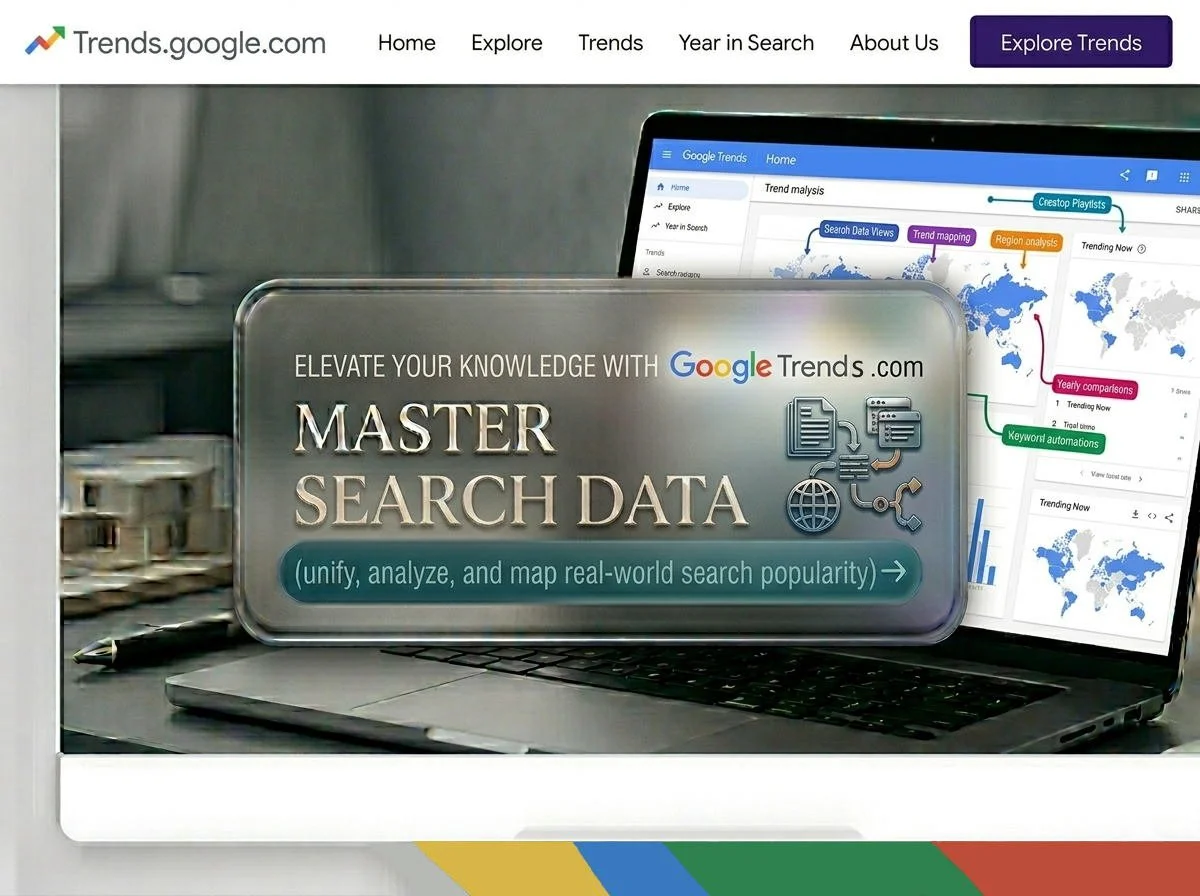 A promotional image for Google Trends.com featuring a laptop displaying search trend maps and analysis tools. The overlay text promotes mastering search data to unify, analyze, and map real-world search popularity.