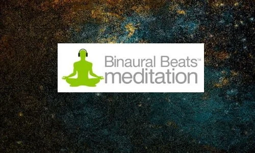 Logo for Binaural Beats Meditation featuring a green silhouette of a person sitting in a meditative pose with headphones on, against a dark textured background.